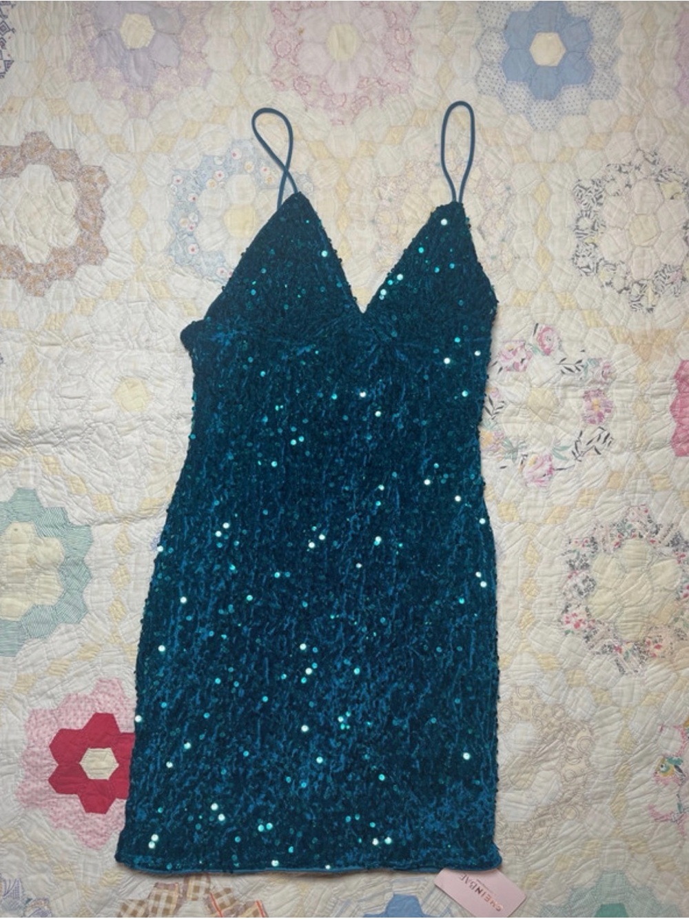 Teal Sequin Velvet Spaghetti-Strap Mini Dress